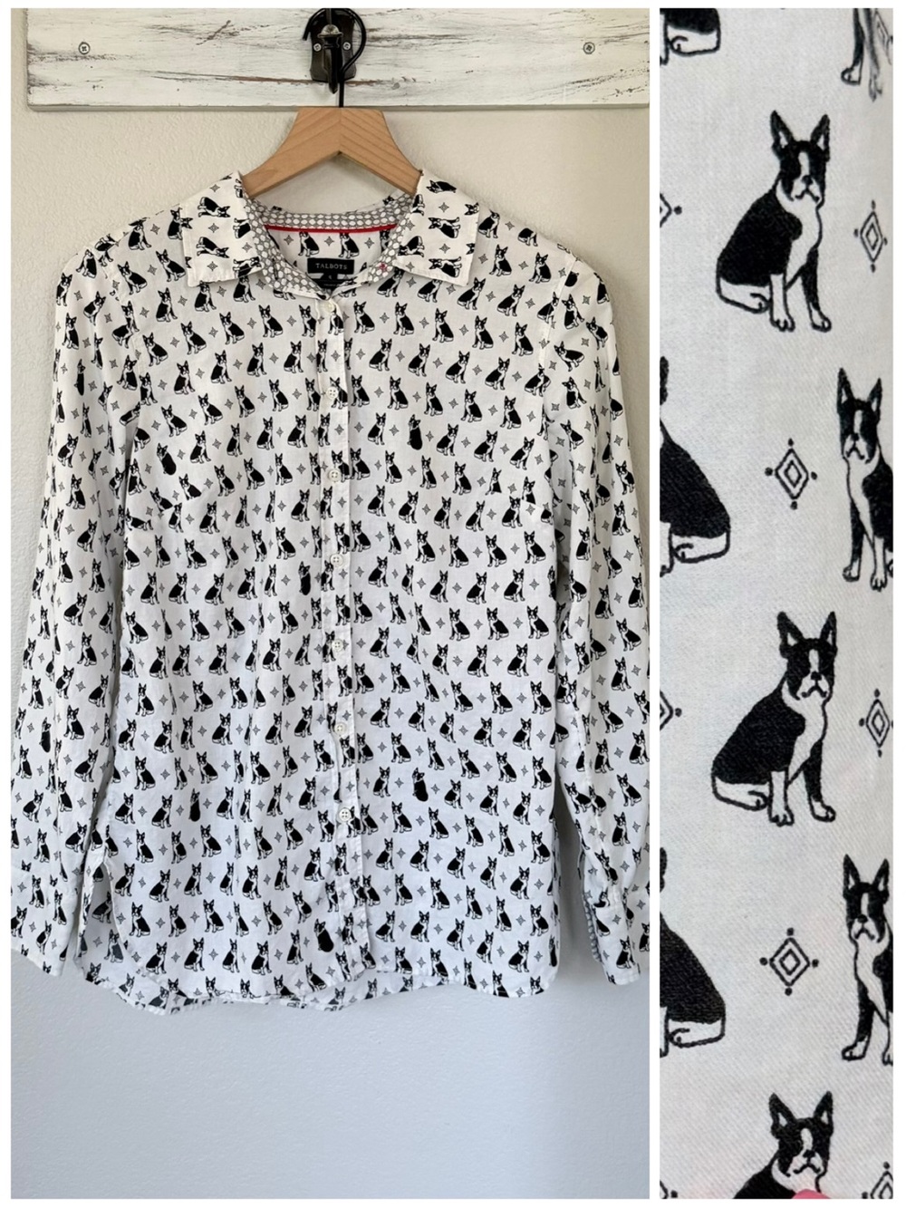 TALBOTS S Boston Terrier Everyday Shirt • Button Up Blouse Top • Dog Print